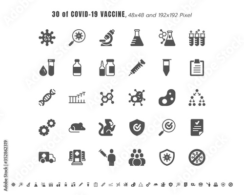 Simple Set of Covid-19, Coronavirus Vaccine Development Solid Glyph Icons. such Icons as Clinical Research, Antibody, Laboratory, Immune, Treatment, Injection Syringe, 48x4 Pixel.