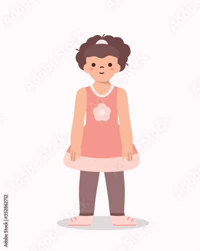 Cute little girl in beautiful dress standing alone. Cartoon vector illustration