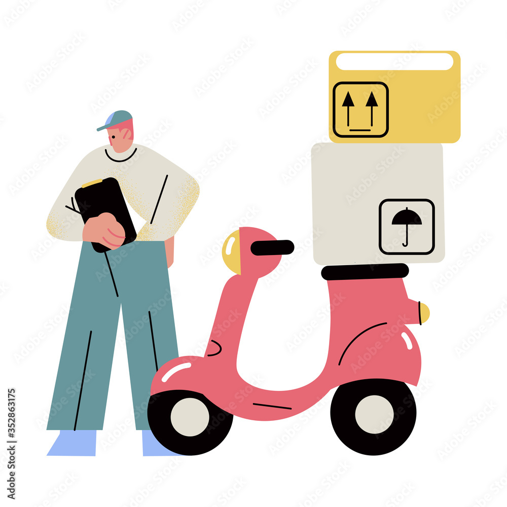 Man courier standing and checking addresses for delivering orders