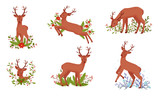 Deer with Antlers Standing in Floral Branches Vector Set