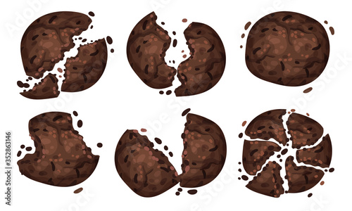 Chocolate Oatmeal Cookies with Crumbs Isolated on White Background Vector Set