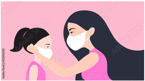 Beautiful mother putting face mask to her daughter to prevent COVID-19 coronavirus disease outbreak vector illustration. New normal wearing face mask going out concept background