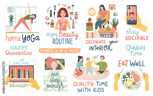 Quarantine activities letterings and other elements. Things to do at home.
