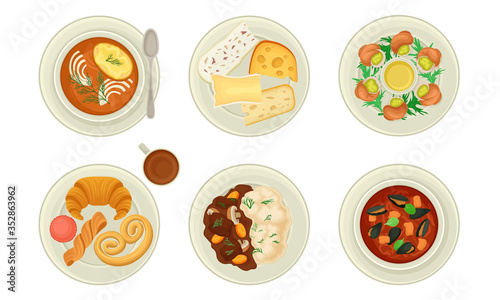 French Starters and Main Courses with Oyster Soup and Escargot Dish Vector Set