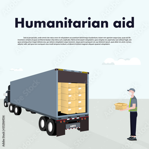 Humanitarian aid. truck with cardboard boxes, volunteers giving help to poor people. vector illustration.