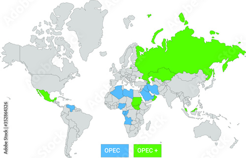 Map of world with opec countries and opec + countries photo