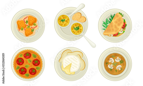 French Starters and Main Courses with Mushroom Cream Soup and Julienne Dish Vector Set