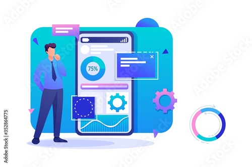 Man works on a mobile application for data collection. Flat 2D character. Concept for web design