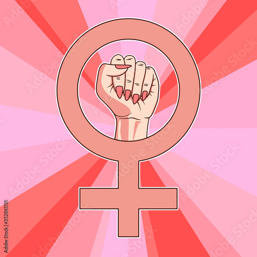 Feminism symbol, feminine woman gender icon with pride fist in middle circle with colored pink nails and pink rays background. Cartoon style illustration for girl freedom and power logotype and sign.