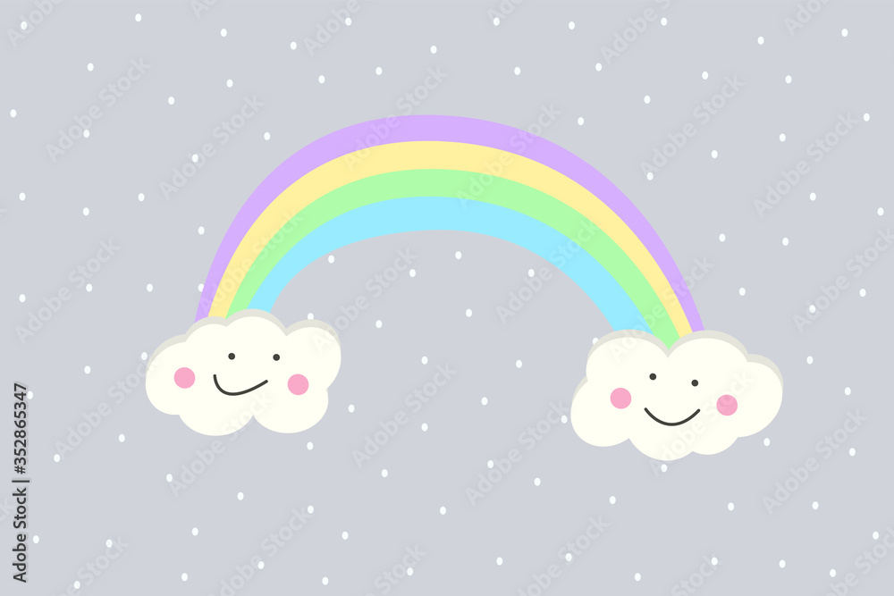 Rainbow and funny clouds on a gray background. Vector drawing for children. Rainbow and funny clouds on a gray background. Vector drawing for children.