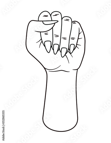 Female arm and fist raised into the air. Pride symbol for feminism and fiminist or lgbt community. Sign for equality and freedom, protest and fighting for human rights. Lineart uncolored coloring page