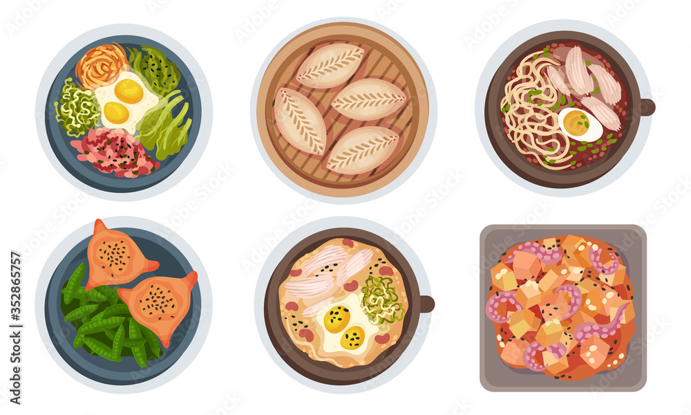 Asian Food with Noodle Soup and Bibimbap Dish Served with Vegetables Vector Set Asian Food with Noodle Soup and Bibimbap Dish Served with Vegetables Vector Set