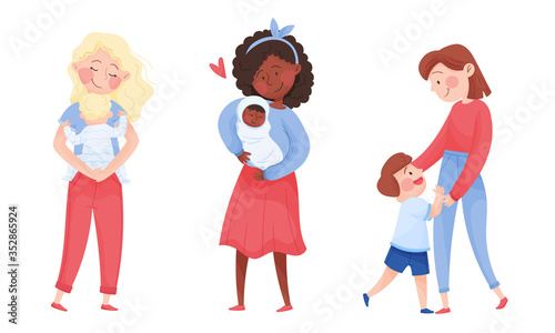 Happy Mothers Cuddling Their Kids Holding with Arms Vector Set