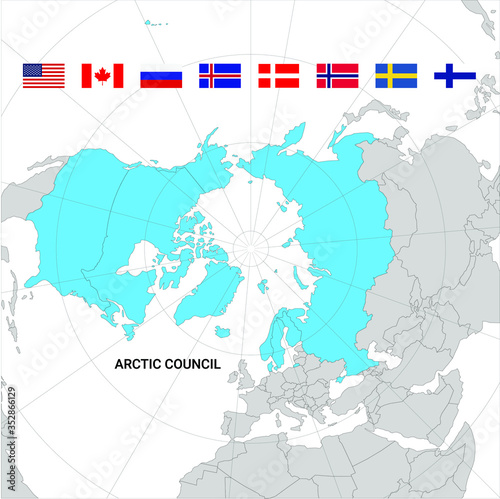 Map of Arctic council countries and flags