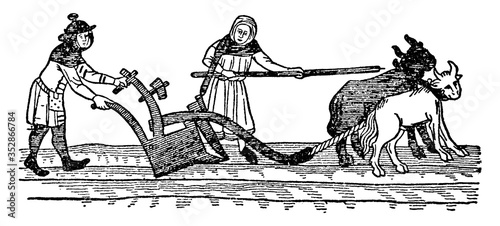 Men Plowing, vintage illustration.