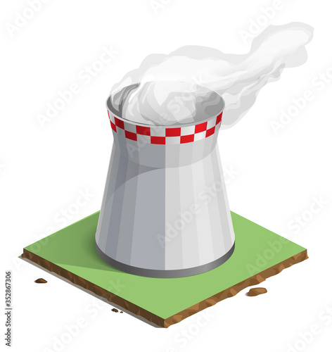 Vector illustration of isometry, cooling tower, hydro power station, factory, infographic, website icon, 3d. Energy production. Pipe, steam.