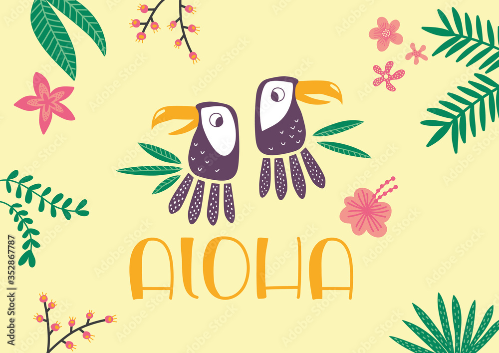 Obraz premium tropic vibes ALOHA lettering toucan with exotic leaves and flowers yellow background