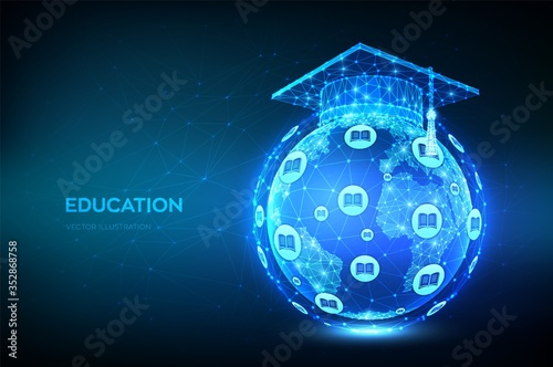E-learning concept. Innovative online education. Abstract Low Polygonal Graduation cap on planet Earth globe model map. Distance graduate certificate program. Skill development. Vector illustration.