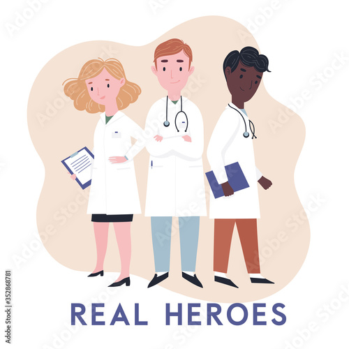 Health care workers team concept. Man and woman doctors characters standing, full body. Doctors in masks. Flat cartoon style vector illustration set for card, online site, banner ad and more 