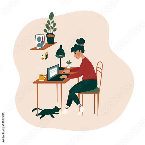 Home office concept vector illustration. Woman sitting on the chair at the table. Online meeting or conversation, virtual call. Study from home.