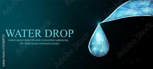 Futuristic glowing low polygonal drop of water on a blue background. Wireframe mesh modern concept design vector illustration.