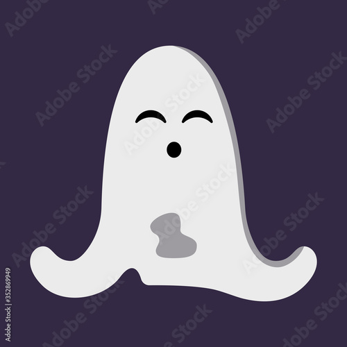 Cute dancing ghost isolated on dark purple background. Halloween character wearing white sheet with holes. Element for poster, banner