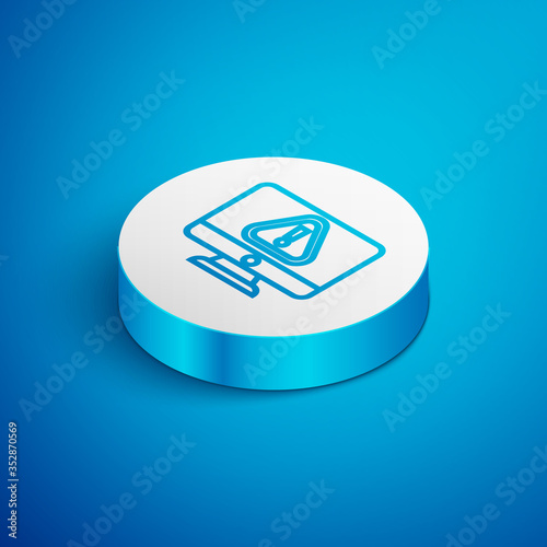 Isometric line Computer monitor with exclamation mark icon isolated on blue background. Alert message smartphone notification. White circle button. Vector Illustration