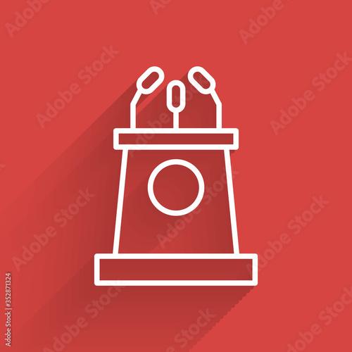 White line Stage stand or debate podium rostrum icon isolated with long shadow. Conference speech tribune. Vector Illustration