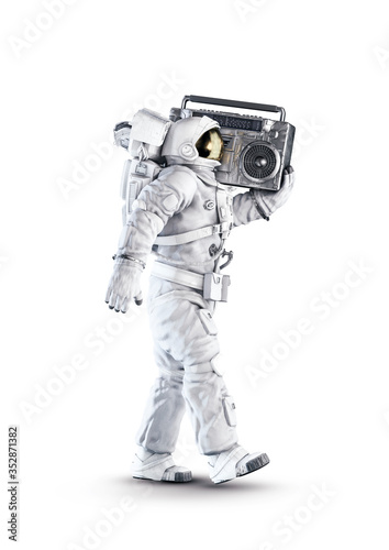 Astronaut with boombox / 3D illustration of space suit wearing male figure carrying retro 80s stereo cassette player isolated on white studio background photo