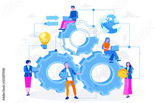 Business people building mechanism. Vector illustration for web banner, infographics, mobile. Business process concept. Development, optimization, teamwork. 