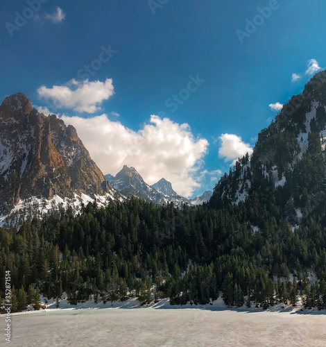 Mountain with snow at sunset