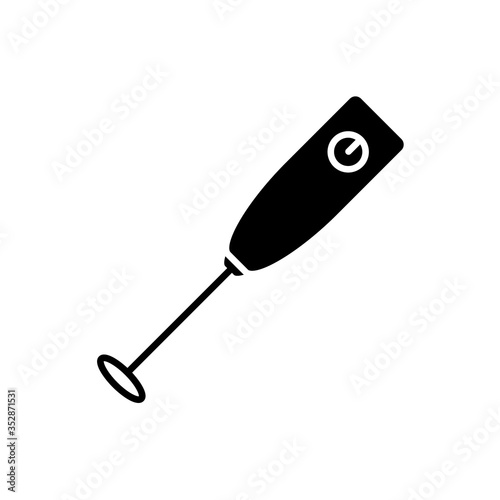 Silhouette milk frother icon. Outline handheld cappuccino maker. Black simple illustration of foam electric mixer with round whisk for homemade coffee. Flat isolated vector emblem on white background