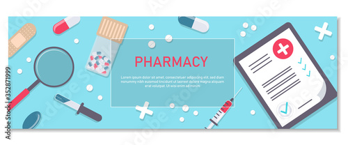 Pharmacy background, pharmacy design, pharmacy templates. Medicine, pharmacy, hospital set of drugs with labels. Medication, pharmaceutics concept. Different medical