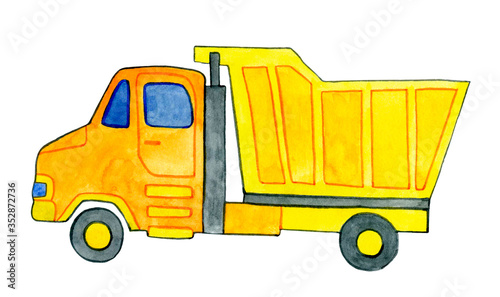 Dump truck . Watercolor illustration for children's design. Yellow car isolated on a white background