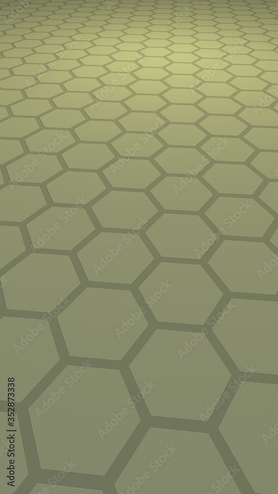 Fototapeta premium Honeycomb with color lighting, on a gray background. Perspective view on polygon look like honeycomb. Isometric geometry. Vertical image orientation. 3D illustration