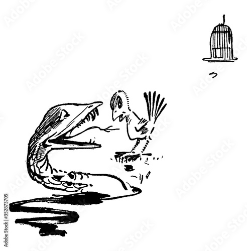 Canary and Snake, vintage illustration.