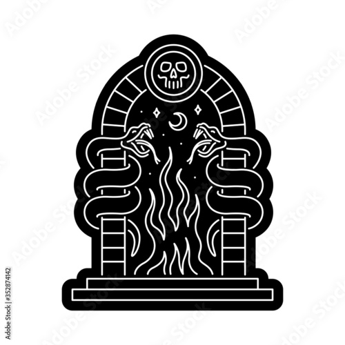 GATES OF REDEMPTION SNAKES AND FIRE BLACK WHITE BACKGROUND