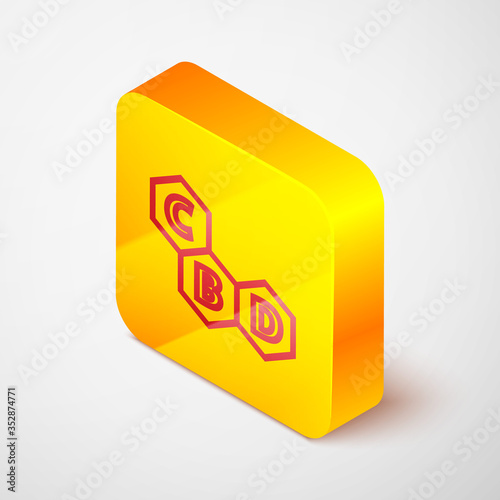 Isometric line Cannabis molecule icon isolated on grey background. Cannabidiol molecular structures, THC and CBD formula. Marijuana sign. Yellow square button. Vector Illustration