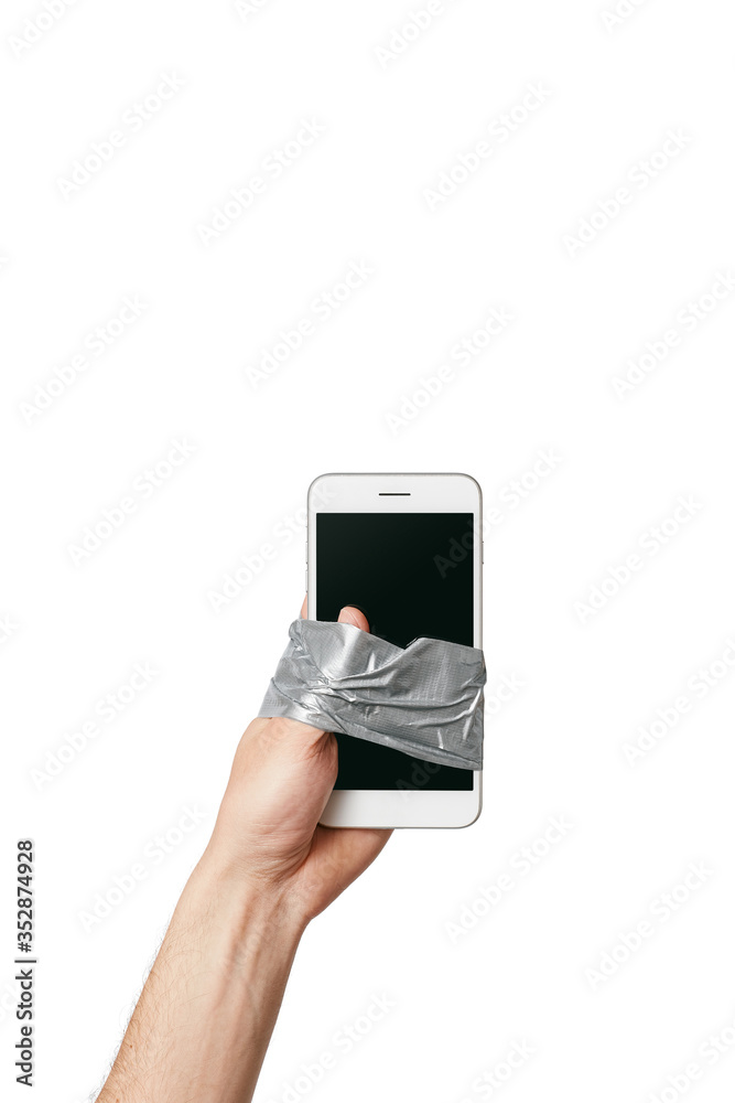 Phone taped to hand isolated on white background, clipping path Phone taped to hand isolated on white background, clipping path