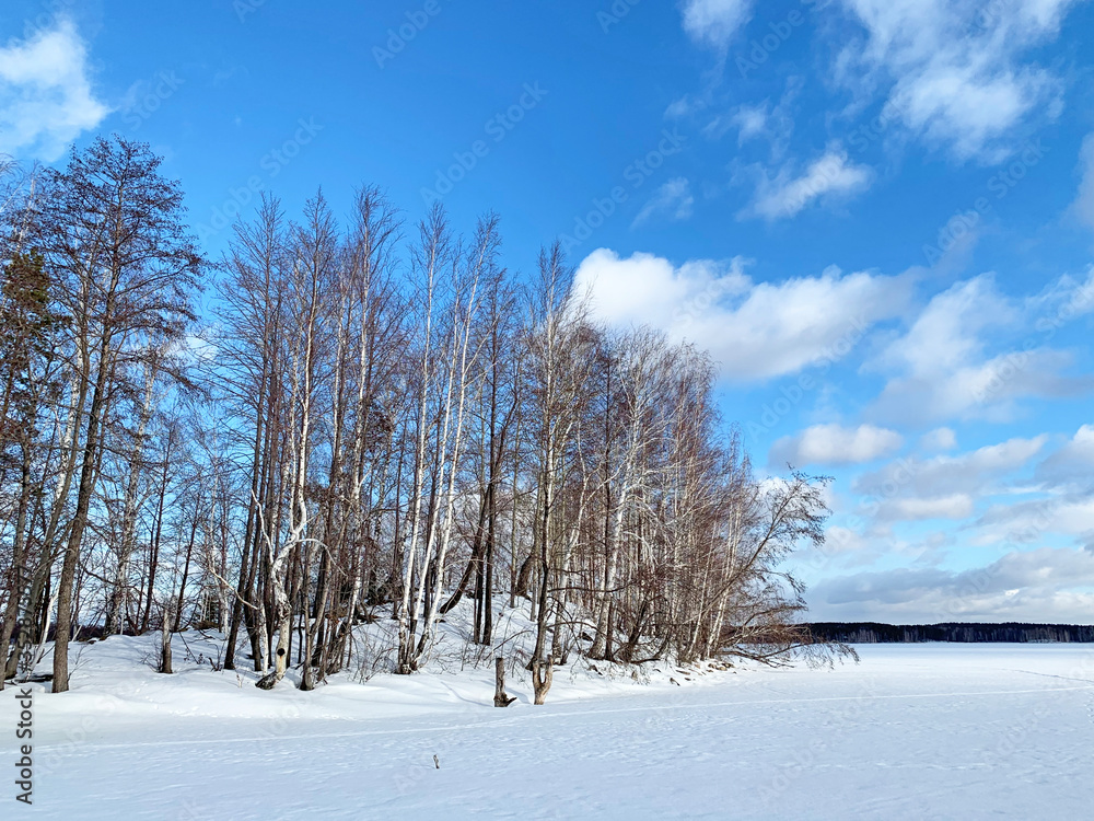 Russia, Chelyabinsk region. Small island on lake Uvildy in winter cloudy day Russia, Chelyabinsk region. Small island on lake Uvildy in winter cloudy day