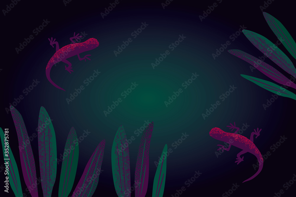 Fototapeta premium Vector tropical leaves and gecko background illustration