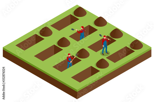 Isometric men digging holes in a cemetery. A man was digging the ground in the cemetery for a funeral event isolated on white