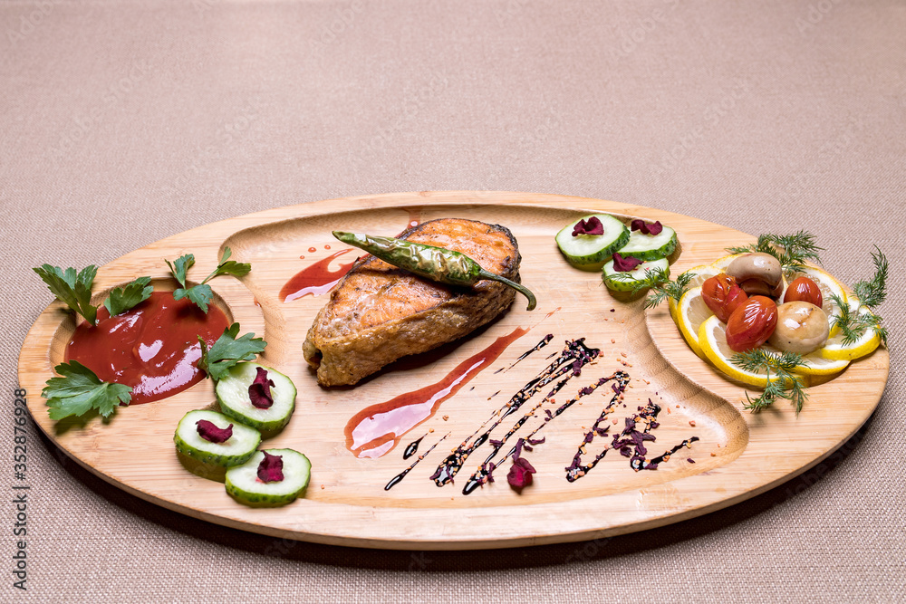 salmon steak with pickled vegetables salmon steak with pickled vegetables