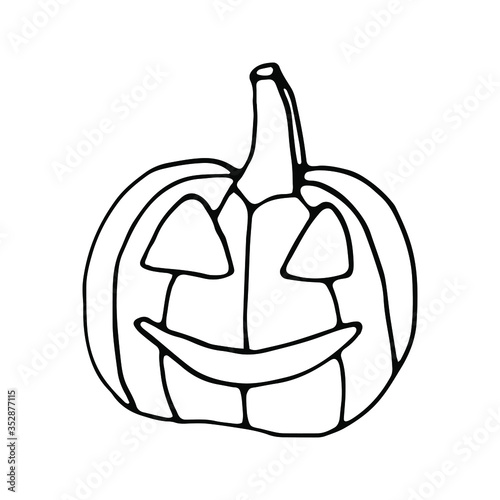 Isolated hand drawn vector illustration of pumpkin with face and smile in doodle style. Black and White. Halloween's element for party, poster, invitation, any design.
