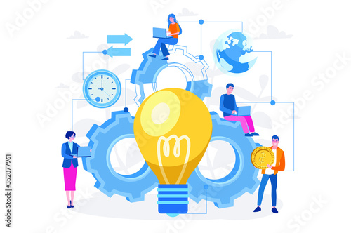 Light bulb and company workers Business people building mechanism. Vector illustration for web banner, infographics, mobile. Idea, planning, analysis concept,  business, management, marketing
