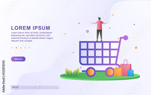Illustration of online shopping and e commerce with shopping cart and shopping bags icons