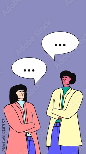 Sad man and woman do not understand each other. Married couple is talking. Aggressive behaviour between husband and wife. Vector character cartoon