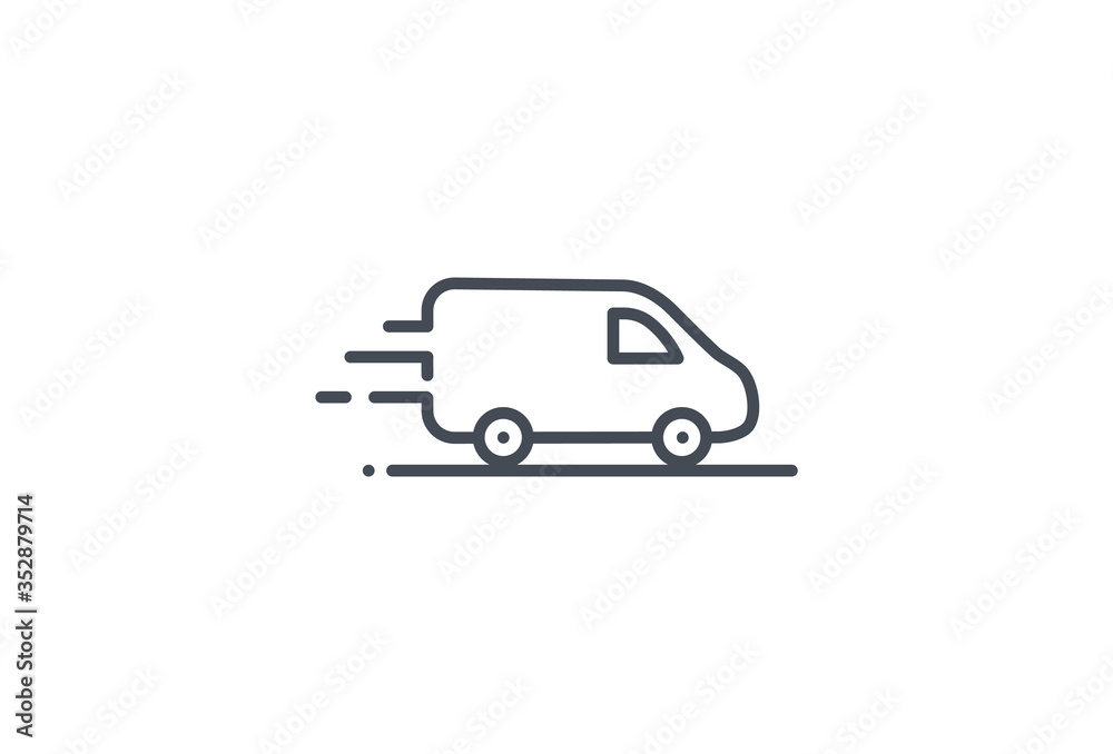 Van vector icon. Delivery service logo isolated on white. Moving car line outline thin sign flat design Van vector icon. Delivery service logo isolated on white. Moving car line outline thin sign flat design
