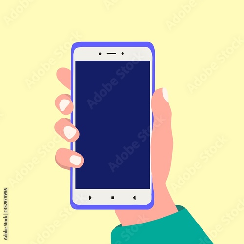 Hand holding smartphone with blank white full screen on yellow background. Vector cartoon hand drawn illustration