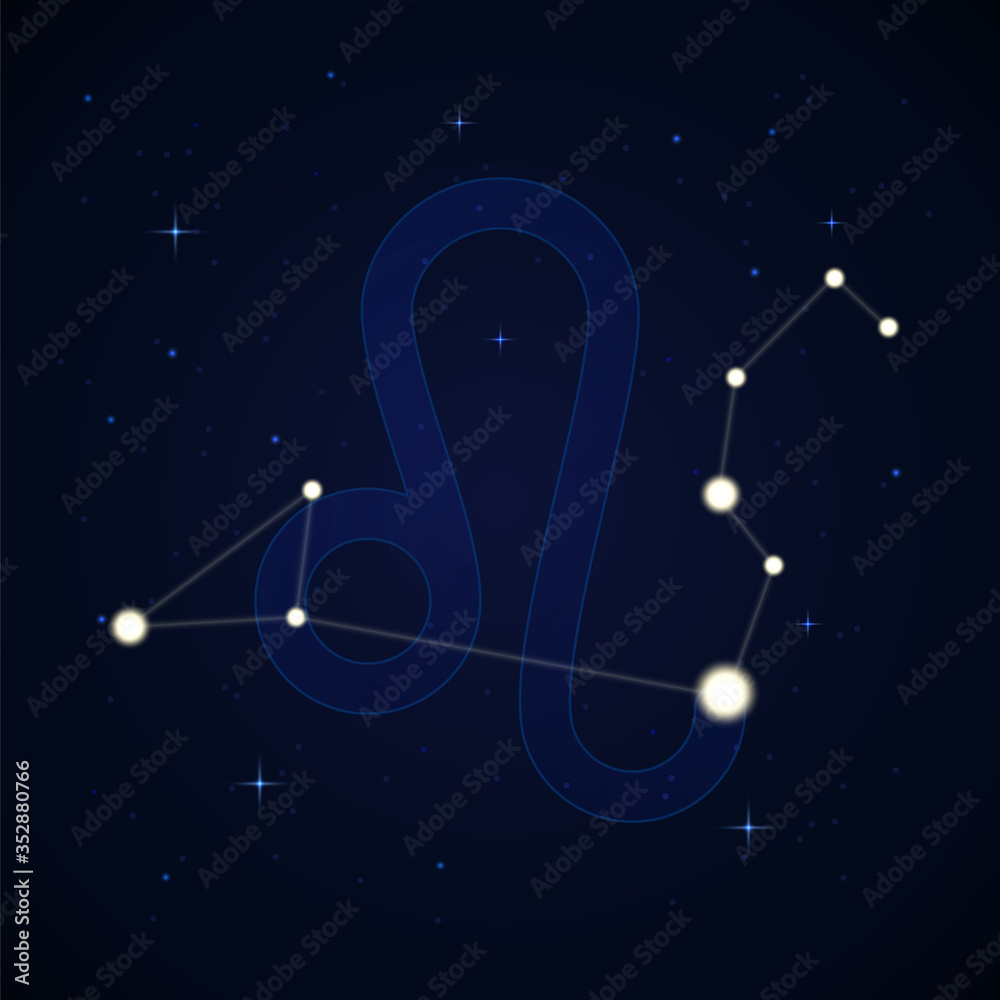 Leo, the lion. Constellation and zodiac sign on the starry night sky Leo, the lion. Constellation and zodiac sign on the starry night sky